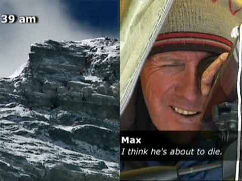 
Left: A bootleneck at the Second Step. Right: Expedition Leader Russell Brice directs the Guides, Sherpas, and Clients from his telescope on the North Col. Max Chaya comes across a dying David Sharp on his descent from the summit on May 15, 2006 and helps as much as he can - Everest: Beyond the Limit Season 1 (Discovery Channel) DVD
